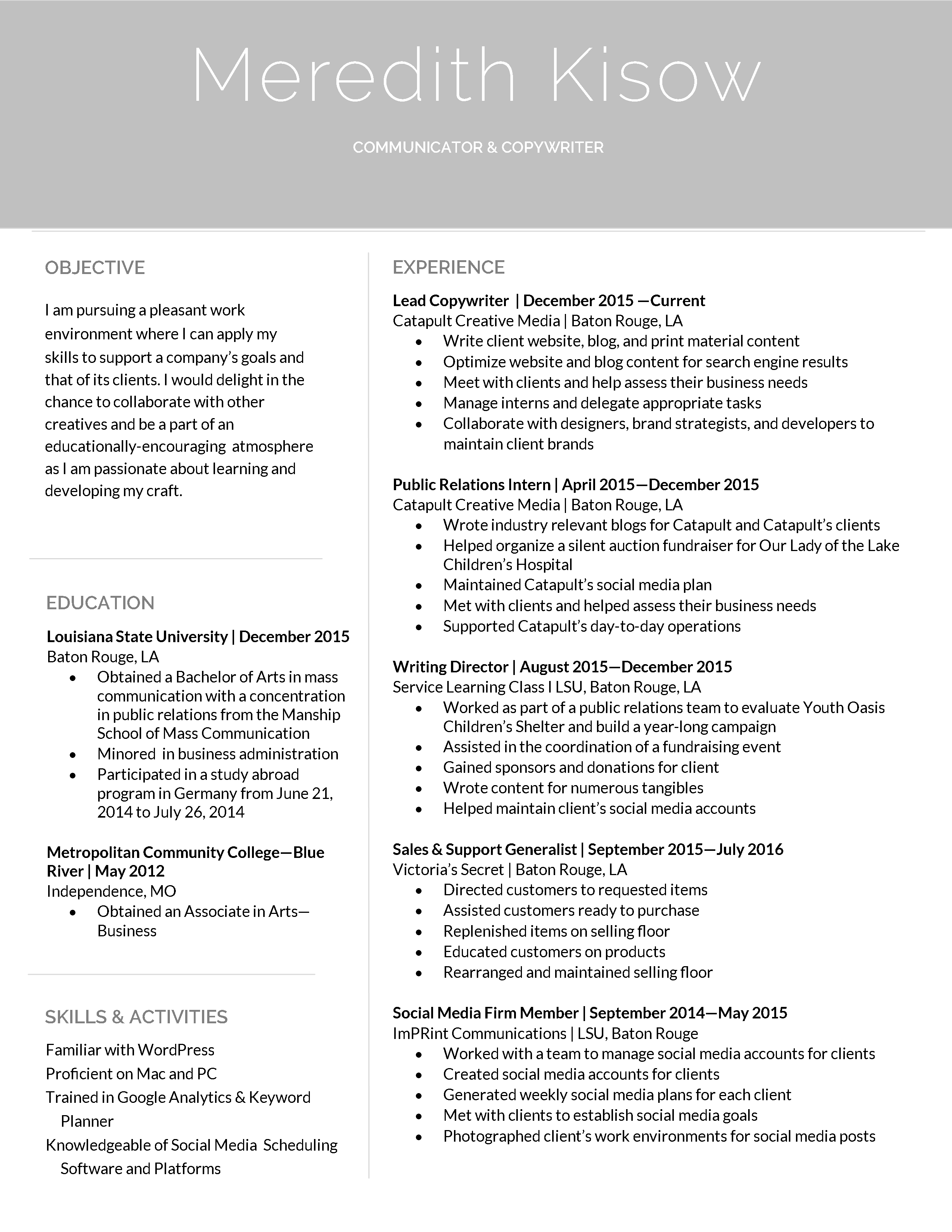 Meredith Kisow Resume